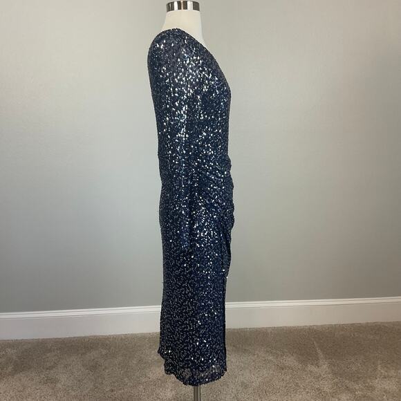 Betsy & Adam Women's Cocktail Dress Size 8 Blue Sequin One Shoulder Midi Sheath - Picture 3 of 14